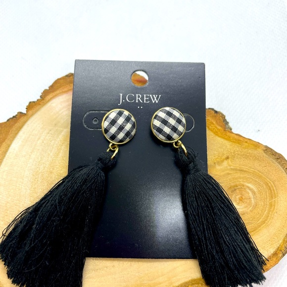 J. Crew NEW Black & White Plaid Tassle Earrings - Picture 4 of 5